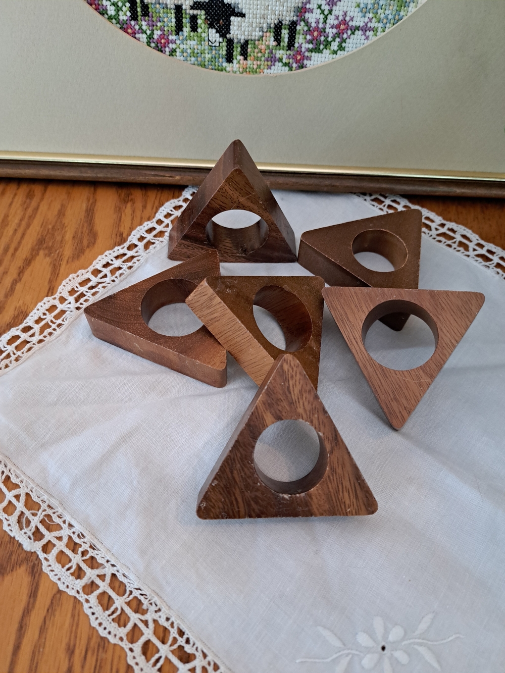 Vintage MCM Brown Wooden Triangle Napkin Rings - Set of 6